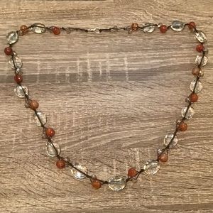Sterling Silver Orange Carnelian & Clear Quartz Beaded Necklace 34" Long